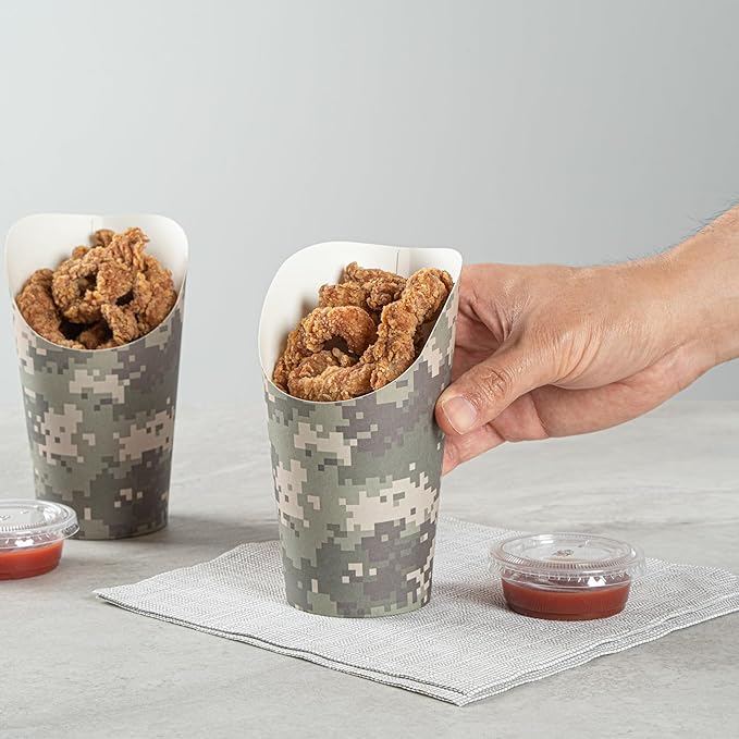 Restaurantware Bio Tek 16 Ounce French Fry Containers, 100 Disposable Charcuterie Cups - Incline Design, Round, Camouflage Paper French Fry Cups, Stackable, For Waffles, Chips, or Popcorn