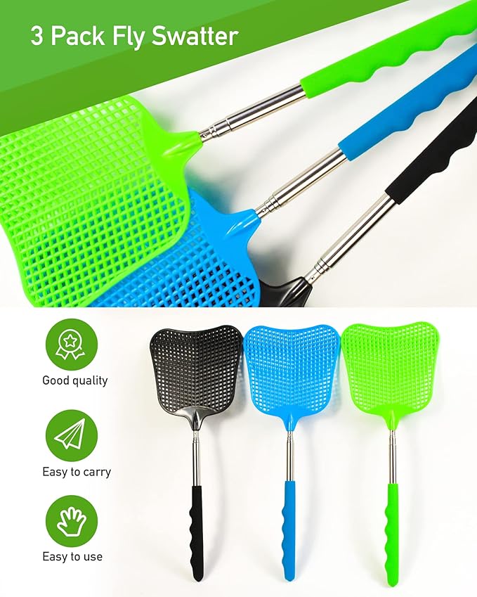 Wapodeai 3 pcs Fly Swatter, Fly Swatters Plastic Telescopic, Large Bug Swatter That Work for Indoor and Outdoor. (Black Blue Green)