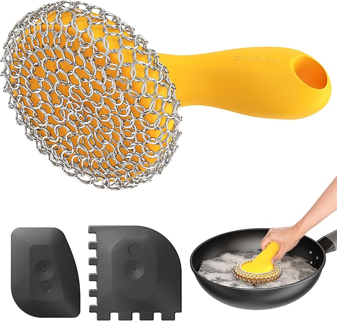 SUBEKYU Cast Iron Scrubber with Silicone Handle, Stainless Steel Skillet Cleaner for Cast Iron Pans (Yellow Scrubber + Scraper)