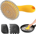 SUBEKYU Cast Iron Scrubber with Silicone Handle, Stainless Steel Skillet Cleaner for Cast Iron Pans (Yellow Scrubber + Scraper)