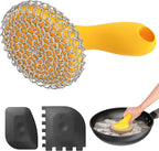 SUBEKYU Cast Iron Scrubber with Silicone Handle, Stainless Steel Skillet Cleaner for Cast Iron Pans (Yellow Scrubber + Scraper)