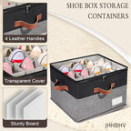 1 Pack Shoe Organizer for Closet, Adjustable Shoe Box Storage Containers, Large Foldable Shoe Bins with Clear Cover, Space Saving Shoes Holder with 4 Handles, Fits 8-16 Pairs, Black