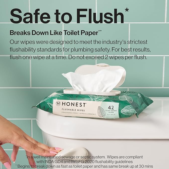 The Honest Company Flushable Wipes for Sensitive Skin Fragrance-Free Hypoallergenic pH-Balanced Feminine 99% Water Safe-to-Flush Tropical Leaves 126 Count