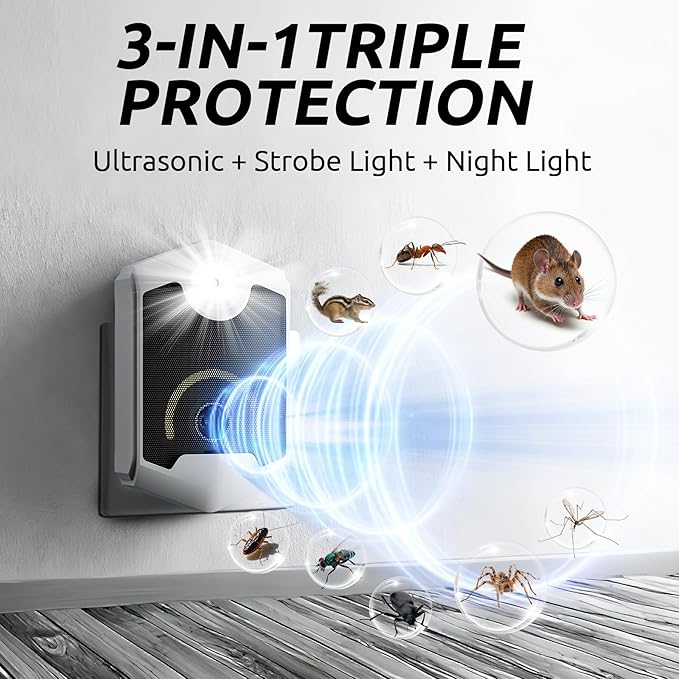 Ultrasonic Pest Repeller Indoor, 2025 Upgraded Mouse Repellent Ultrasonic Plug in, Rodent Repellent with Ultrasound & Strobe Light, Mice Repellent Indoor for Rodent/Mouse/Squirrel/Roach