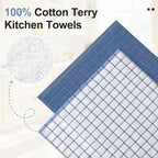 Homaxy Premium Cotton Kitchen Towels 16"x 28", Large Natural Ring Spun 390 GSM Dish Towels, Super Absorbent Terry Kitchen Hand Towels, Soft Tea Towel with Hanging Loop, Navy Blue Check Design, 8 Pack