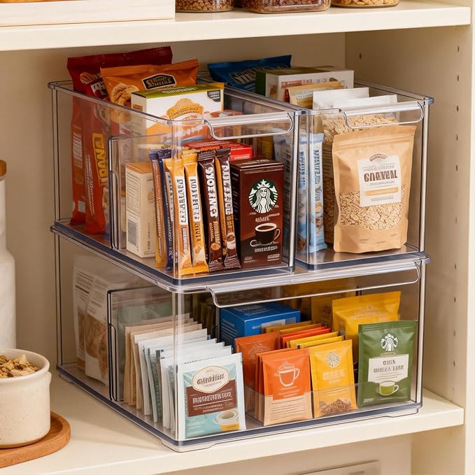 Clear Plastic Storage Bins with Dividers for Kitchen Pantry Organization, 3 Pack Thicken Stackable Storage Drawer Boxes for Refrigerator Cabinets Vanity Organizers and Storage, C6-1