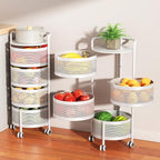 JAQ Rotating Storage Carts No Assembly, 4-Tier Round Storage Basket Rack Shelf Organizer on Rolling Wheels for Fruit Vegetables Grocery Corns Potato Onion Snack in Kitchen Pantry (4-Tier, White)