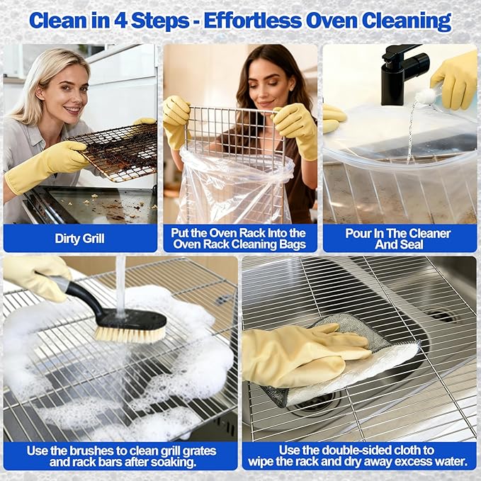 Palksky Oven Rack Cleaning Bags Kit, Reusable Soaking Bags with Brushes, Gloves & Cloth, No Mess Cleaning for Oven Racks, Grill Grates & BBQ Racks, No Cleaner Included, 9 Packs