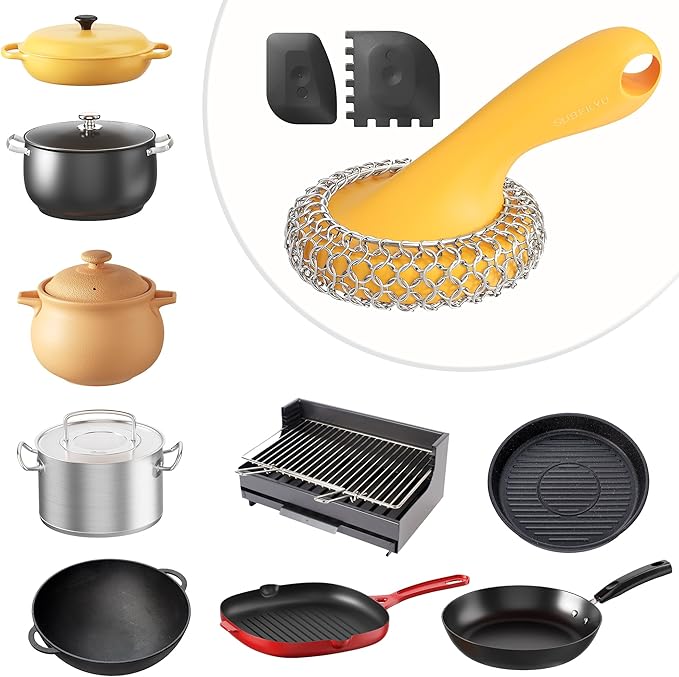 SUBEKYU Cast Iron Scrubber with Silicone Handle, Stainless Steel Skillet Cleaner for Cast Iron Pans (Yellow Scrubber + Scraper)