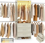 Aheaplus Closet System with Motion-Sensing Light, 3 Wooden Drawers and 4 Hanging Rods, Customizable Walk-in Closet Organizer with 3CCT LED, Heavy Duty Garment Rack for Bedroom, White Oak