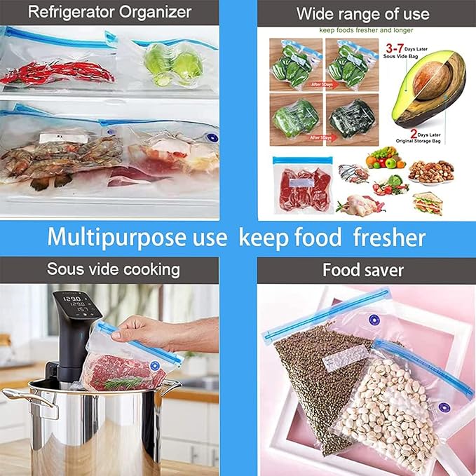Sous Vide Bags 31 Pcs (24 Pcs Vacuum Zipper Bags & 2 Seal Clips & 5 Air Valves), Reusable BPA Free Vacuum Sealer Bags (13 * 10 in) Vacuum Food Storage Bags for Cooking/Food Storage/Microwave Heating