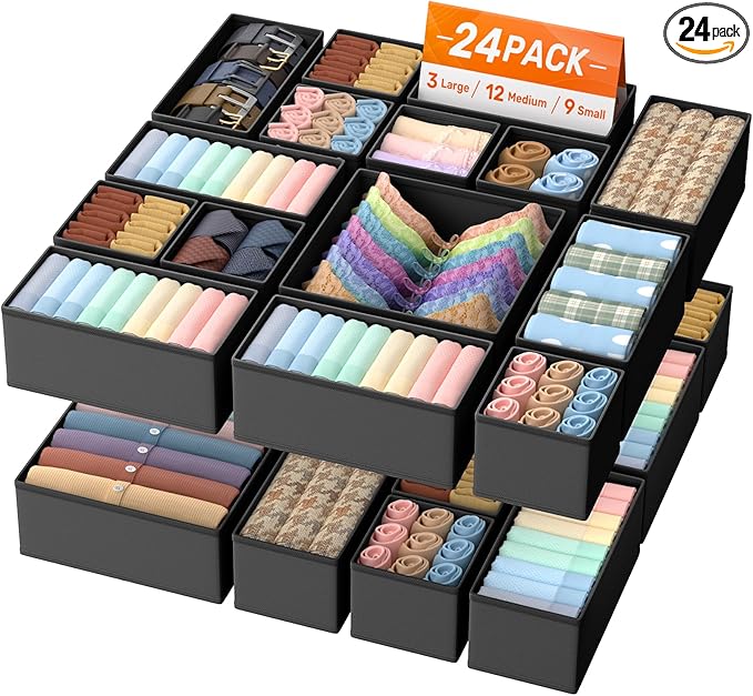 TasticTotes Drawer Organizer Clothes, 24 Pack Drawer Organizers and Underwear Organizer for Nursery, Dividers Clothes Organizer, Closet Organization and Foldable Storage Bins for Sock, Bra, Tie, Black