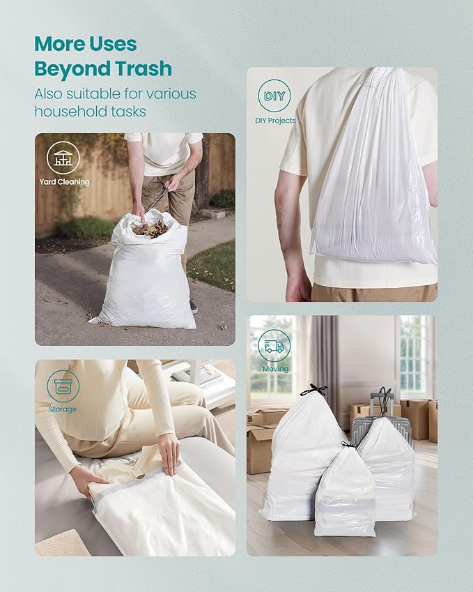 SONGMICS Trash Bags for 5.3 Gallon (20 L) Trash Cans, Drawstring Kitchen Garbage Bags, Pre-Separated, Quick-Dispense Box, Liner Code L, 2 Rolls, 80 Count, White UKRB021A02