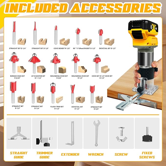 Cordless Wood Router Trimmer for Dewalt 20V Battery, 6 Speeds Wood Trimmer Set, 800W 30000 RPM Brushless Motor Hand Palm Router with 15pcs 1/4"Shank Router Bits for Woodworking,Slotting(NO Battery)