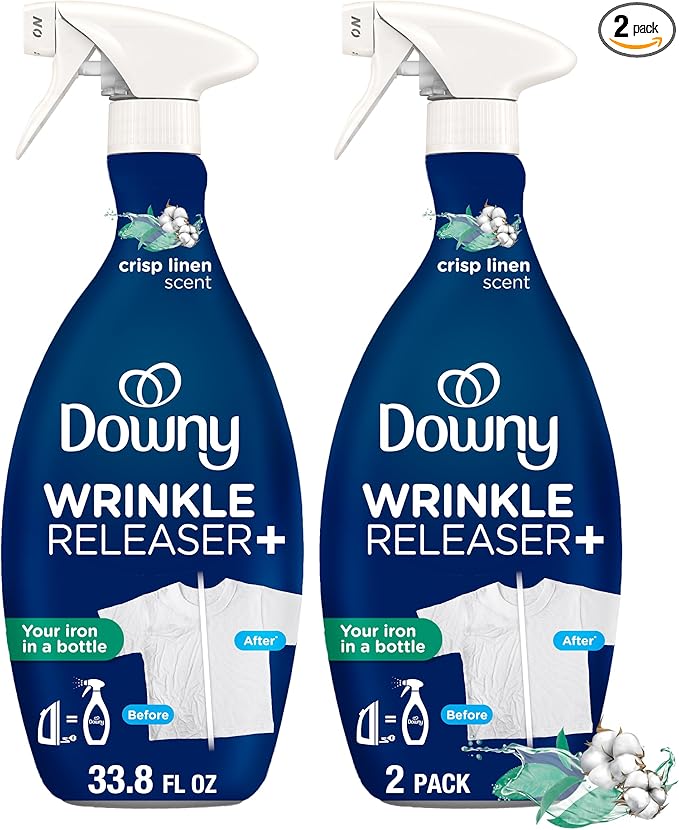 Downy Wrinkle Releaser Spray, All In One Formula, Removes Wrinkles, Static and Odor Eliminator, Crisp Linen Scent, 33.8 Fl Oz, Pack of 2 (Packaging May Vary)