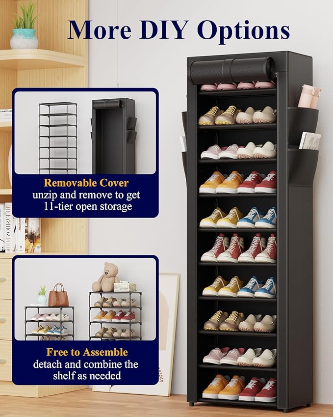 Kitsure Shoe Rack - 10-Tier Large Capacity Shoe Organizer Shelf with Dust Cover & Side Pockets, Rust-Proof Metal Shoe Rack for Closet, Entrance, Living Room, 17.5" x 12.4" x 69.3", Black