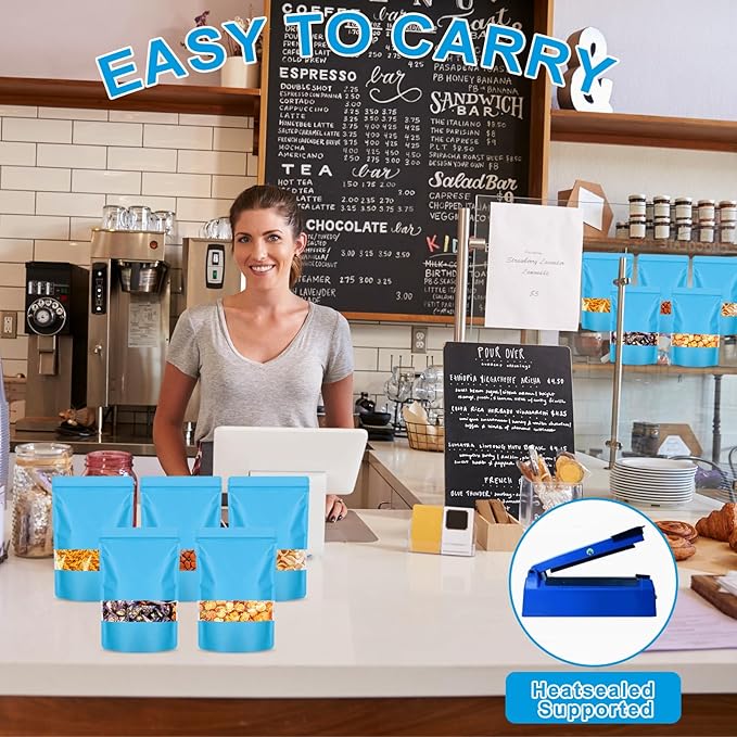 100PCS Mylar Bags for Food Storage, Smell Proof Bags Resealable Food Packaging for Small Business Stand Up Pouches with Window, 7.9" x11.8", Blue