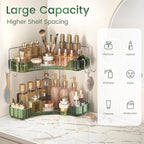 Corner Counter Organizer, 2-Tier Bathroom & Kitchen Storage Tray with Hooks | PET Green Vanity Organizer for Skincare, Makeup & Jewelry