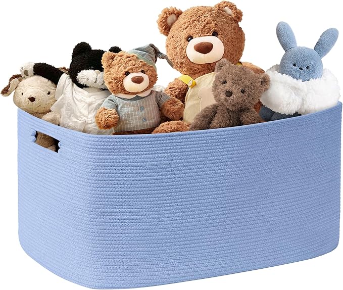 60L Small Baby Girls Laundry Basket for Nursery Storage,Cute Woven cotton Rope Baskets for Kids Toy，Gifts, Boho Square Wicker Blanket hamper for Living Room,Bedroom Dirty Clothes,Blue Purple