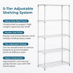 Honey-Can-Do 5-Tier Heavy-Duty Adjustable Shelves, Metal Storage Rack with 200-lb Shelf Capacity, White, 14" W x 36" L x 72" H