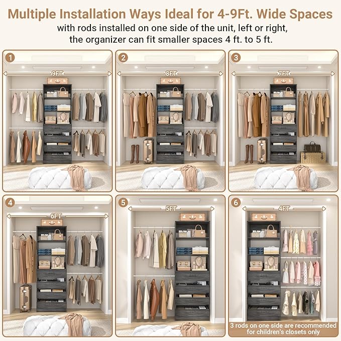 Aheaplus Closet System, 4-9 Ft Closet Organizer with 4 Wooden Drawers, Wood Closet Organizer System with Tower, Walk-in Closet Organizer Wardrobe Clothes Rack with 4 Hanging Rods, Black Oak