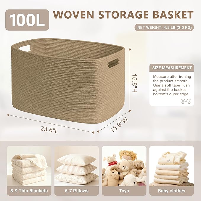 100L Extra Large Wicker Laundry Basket for Living Room Storage,Boho Woven Cotton Rope Baskets for Kids Toy,Gifts,Square Blanket Hamper for Bedroom Dirty Clothes,Jute