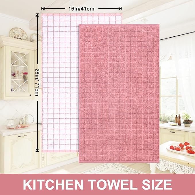 Homaxy Premium Cotton Kitchen Towels 16"x 28", Large Natural Ring Spun 390 GSM Dish Towels, Super Absorbent Terry Kitchen Hand Towels, Soft Tea Towel with Hanging Loop, Pink Check Design, 6 Pack