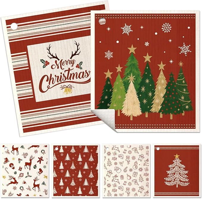 6 Pack Christmas Swedish Dishcloths for Kitchen - Reusable Dish Cloths for Washing Dishes Absorbent Cute Holiday Kitchen Towels Cleaning Sponge, Red Xmas Theme