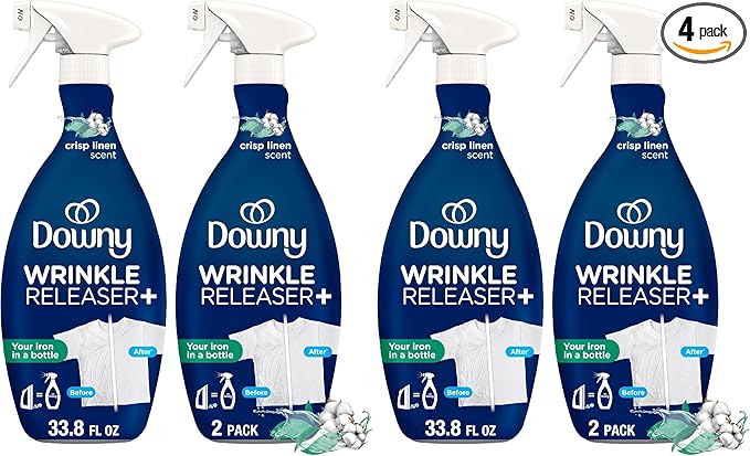 Downy Wrinkle Releaser Spray, All In One Formula, Removes Wrinkles, Static and Odor Eliminator, Crisp Linen Scent, 33.8 Fl Oz (Packaging May Vary),(Pack of 4)
