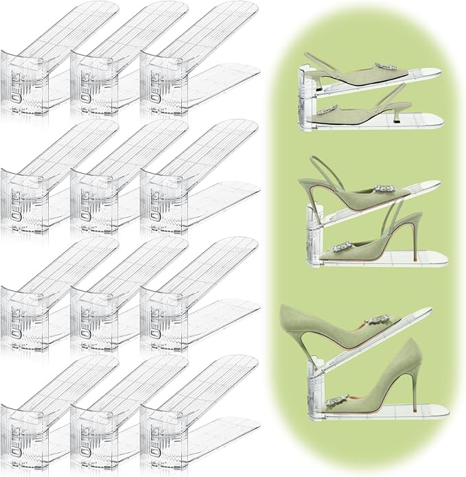 MOVDEET Shoe Slots Organizer,12 Pack Transparent Shoe Stacker Adjustable Shoe Slot Organizer Space Saver Shoe Rack Holder Shoe Storage Organizers for Closet,Transparent