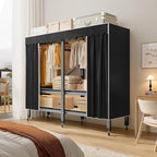 75in Heavy Duty Portable Closet with Cover 1200Ibs Foldable Covered Clothes Rack for Hanging Armoire Wardrobe Closet System Freestanding Coat Storage Garment Racks (190cm/74.8in（black）)