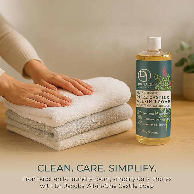 Dr. Jacobs Naturals Peppermint Castile All-in-One Cleaner and Soap - Plant-Based Formula for House Cleaning Floors and Appliances - Gentle on Skin and the Planet - 32 oz, 1 Pack