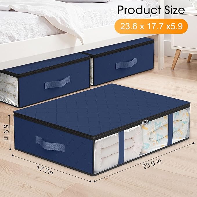 StorageRight Under Bed Storage Bags 3 Pack, 40L Large Clothes & Comforter Storage Containers with Clear Window, Breathable Fabric Organizer for Blankets, Bedding, Seasonal Clothing, Blue
