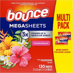 Bounce Mega Dryer Sheets, Paradise Blossom, 130 Count, Mega Fabric Softener Sheets with Static Control, Wrinkle Reduction, Extra Softness, Lasting Scent, Repels Lint