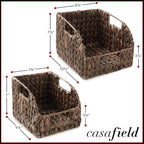 Casafield Set of 2 Water Hyacinth Pantry Baskets with Handles - Espresso, Woven Storage Bin Organizers for Kitchen Shelves, Medium and Large Sizes