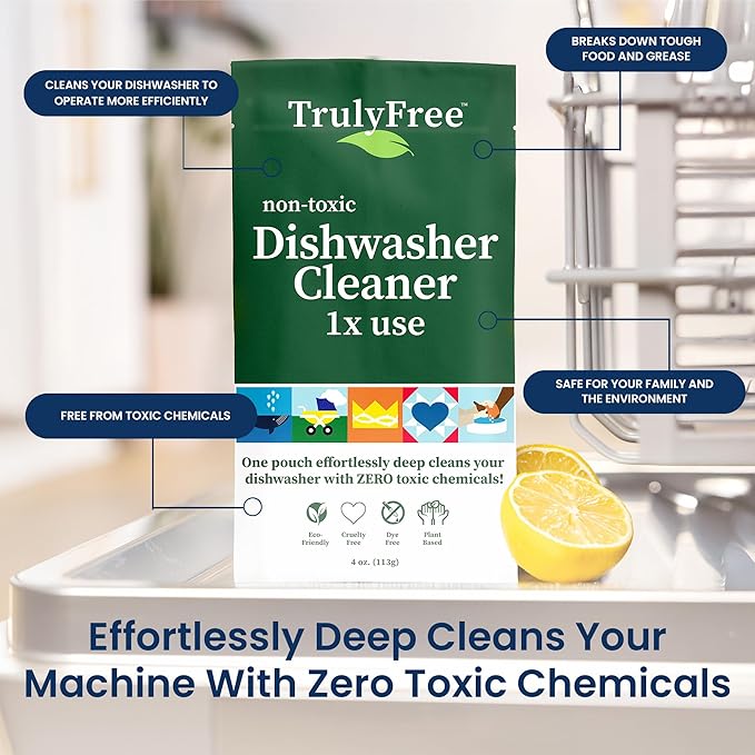 Truly Free Natural Dishwasher Cleaner - Dish Washer Machine Descaler, Fights Grease & Limescale, Hard Water Stain Remover, Smell Eliminator for Clean Dishwashers - Lemon Fresh Scent, 4 oz (Pack of 1)