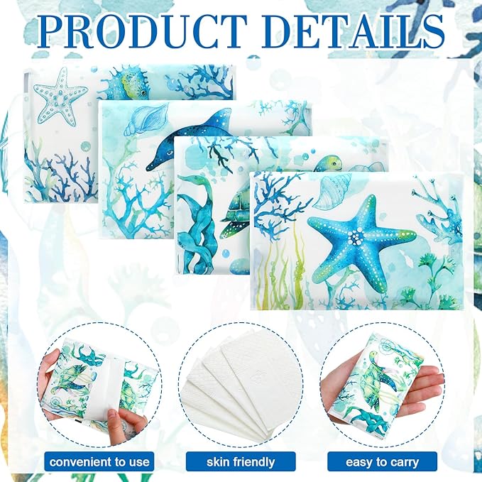 PerKoop 100 Pack Pocket Tissues Travel Slim Packs Small Facial Tissues Wallet Size Toilet Paper for Travel Guest Wedding Supplies, 4 Styles (Sea Animal)