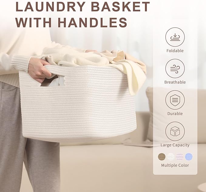 60L Small Baby Girls Laundry Basket for Nursery Storage,Cute Woven cotton Rope Baskets for Kids Toy，Gifts,Boho Square Wicker Blanket hamper for Living Room,Bedroom Dirty Clothes, White