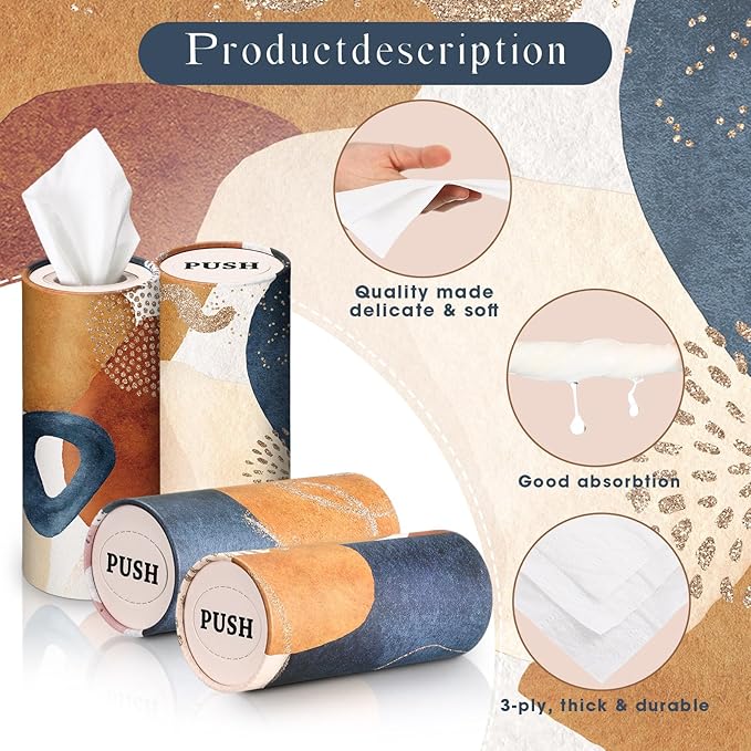 Outus 12 Pcs Car Tissues Cylinder Holder with 3 Ply Facial Tissue Bulk Black White Round Tissue Holder Travel Tissues Boxes Container for Car Cup Wedding Birthday Party(Boho 2)