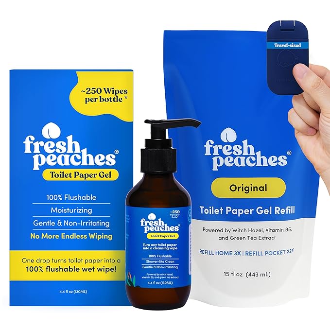 Fresh Peaches Toilet Paper Gel, Wet Wipe Alternative - Flushable, Eco-Friendly Toilet Paper Spray (Blue Pocket, Starter w Pocket and Refill)