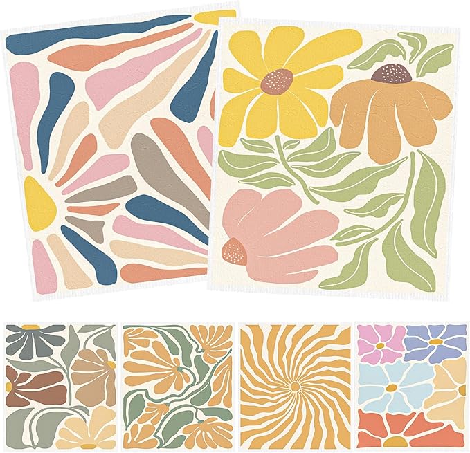 Boho Floral Swedish Dishcloths for Kitchen, 6PCS Retro Groovy Swedish Dish Cloths Gift Set, Reusable Absorbent Cellulose Sponge Dish Towel for Home Cleaning(7.8 X 7 Inches)
