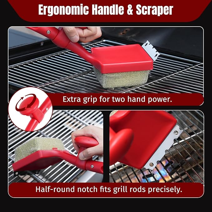 SHINESTAR Bristle-Free Griddle Cleaning Kit – BBQ Steam Grill Brush with 2 Replacement Heads & Scraper for Cast Iron & Stainless Steel Grates,Excellent Grill Tools, Red