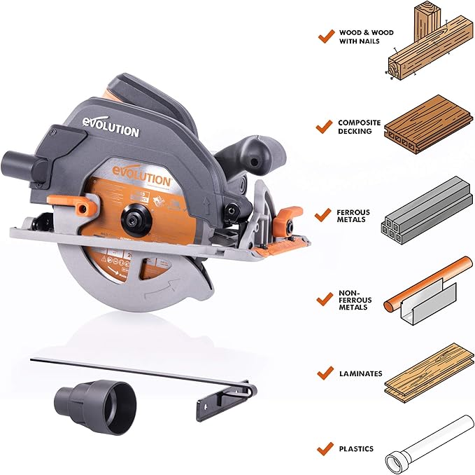 Evolution Power Tools R185CCS 7-1/4" TCT Multi-Material Cutting Circular Saw, 7-1/4", Orange