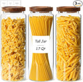 ComSaf 3Pcs (1.7Qt) Airtight Glass Pasta Storage Containers with Acacia Wood Lids, Tall Pantry Storage Container for Organizing Spaghetti and Pasta, Thick Glass Spaghetti Container with Pasta Labels