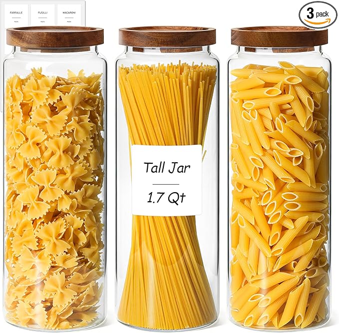 ComSaf 3Pcs (1.7Qt) Airtight Glass Pasta Storage Containers with Acacia Wood Lids, Tall Pantry Storage Container for Organizing Spaghetti and Pasta, Thick Glass Spaghetti Container with Pasta Labels