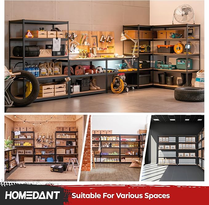 HOMEDANT 47.7" W Deep 5 Tier Heavy Duty Garage Shelving Adjustable Metal Rack Storage Shelves Standing Shelf Unit Organizers Industrial Warehouse Basement Black 1Pack