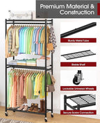 Sakugi Clothes Rack - 33.0" x 12.2" x 79.5" Clothing Rack with Shelves & Wheels, Multi-Functional Wardrobe Closet with Hooks, Sturdy Metal Garment Rack for Bedroom, Laundry, Balcony (Black)