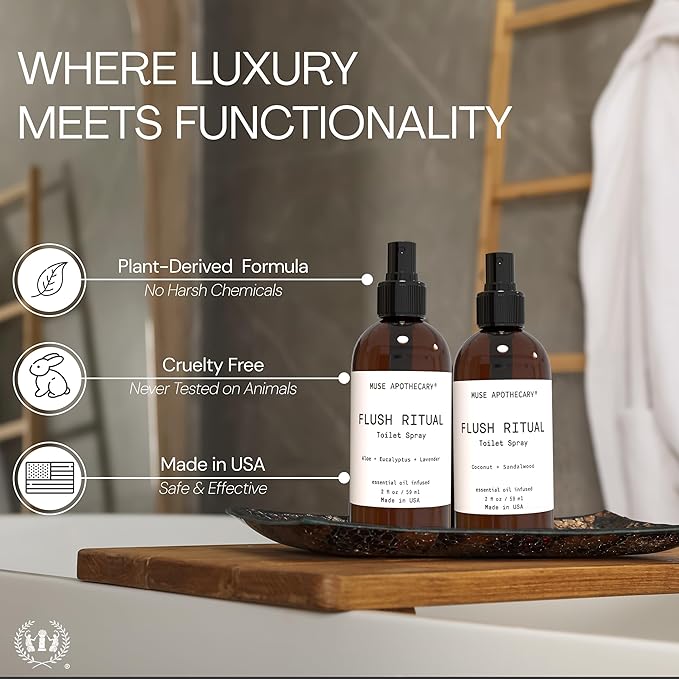 Muse Apothecary Flush Ritual - Aromatic & Refreshing Toilet Spray, Use Before You Go, 2 oz, Infused with Natural Essential Oils - Coconut + Sandalwood, Pack of 3