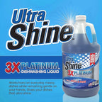 Ultra Shine™ 4 Pack 3X Platinum™ Dishwashing Liquid, Powerful Grease Remover, 1 Gallon - Concentrated Dish Cleaner Soap for Commercial Kitchens, Restaurants & Home Cleaning, Gentle on Hands & Skin