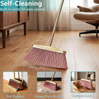Gold Broom and Dustpan Set, Minimalist Upright Sweeper with Long Handle, Heavy Duty Stainless Steel Metal Dust Pan Combo for Home, Kitchen, Office and Indoor Outdoor Use (Gold Basic)